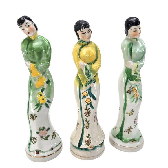 Occupied Japan Hand-Painted Porcelain Asian Lady Figurines Set Of 3 JE265 - Picture 3 of 9